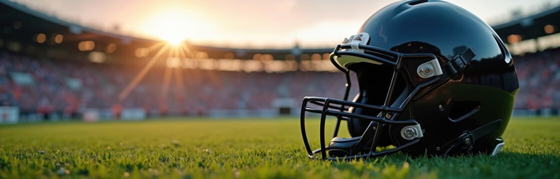 Black American football helmet rests on green grass field. Stadium crowd watches distant game under warm sunset light. Athletes prepare for intense competition on turf. - Powered by Adobe