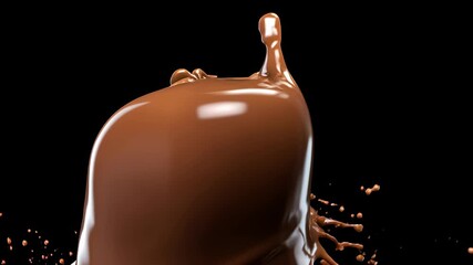 Circular chocolate drop lands and bursts into a dramatic splash on a dark surface, silky texture and delectable sheen; mouthwatering slow-motion visual perfect for dessert promos