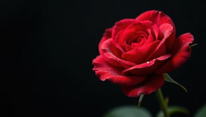 Close-up of a single red rose with dew, black backdrop Soft focus , photography, romance, elegant