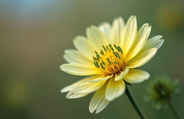 Obraz premium Pale yellow scabiosa flower closeup outdoor. Delicate petals and vibrant green center bloom in soft natural light. Floral garden detail, nature background.