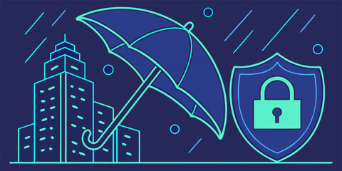 Flat vector illustration showing umbrella protecting laptop with lock and warning shield, symbolizing cybercrime risks, data breach alerts and online security for tech banners, apps and infographics.