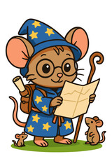 Wizard Mouse Character Studying Map with Magic Staff and Cloak in a Charming Fantasy Adventure Theme