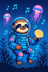 Naklejka premium Adorable Sloth Astronaut in Colorful Space Suit Surrounded by Floating Jellyfish in a Whimsical Cosmic Scene