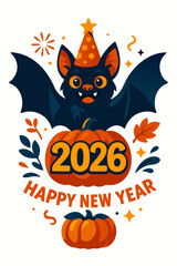 Cute Black Bat with Bright Festive Elements Framing a Bold 2026 New Year Theme Design