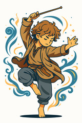 Dynamic Boy Character in Motion with Flowing Outfit and Expressive Energetic Pose in Warm Color Palette
