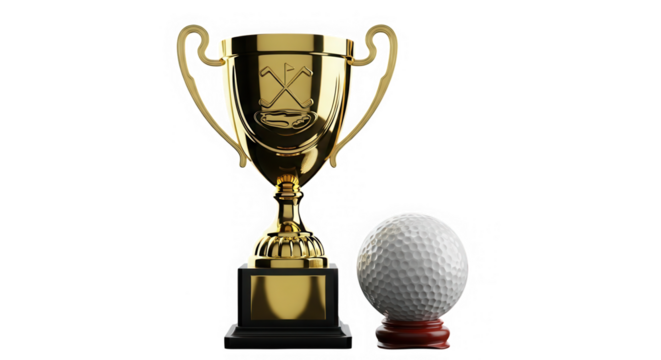 Golden golf trophy and ball on stand isolated on transparent background - Powered by Adobe