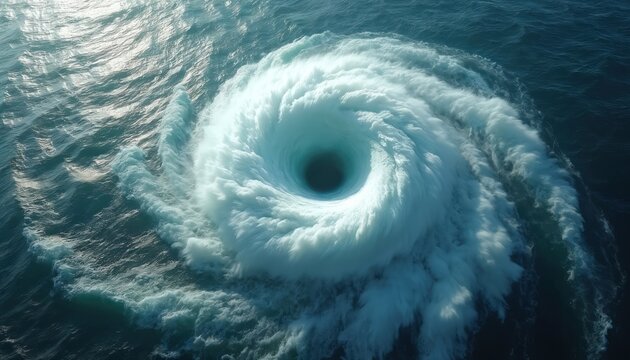 Giant swirling hurricane over vast blue ocean water. Massive storm vortex with dense white clouds. Dangerous tropical cyclone causes extreme weather and rough seas. - Powered by Adobe