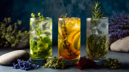 Flat mocktail glasses with herbal elements.