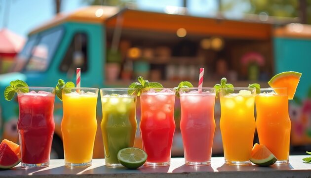 Row of colorful fresh fruit juices with ice and mint garnishes sits on a bar. Food truck is parked in background, providing drinks on sunny day. Enjoy refreshing beverages.