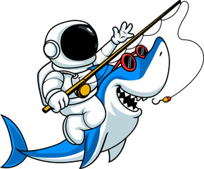 Funny Astronaut Fishing With Happy Shark