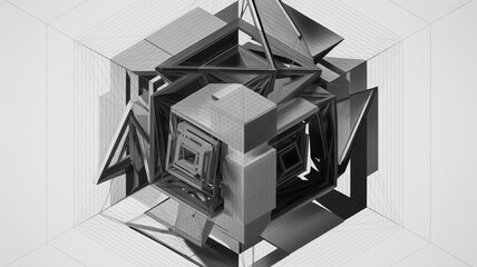 Geometric Cube: A black and white depiction of a modern geometric design, featuring interlocking shapes within a translucent cube, evoking a sense of complexity and innovation.