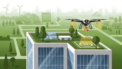 Drone Delivering Package to Green Building with Solar Panels.
