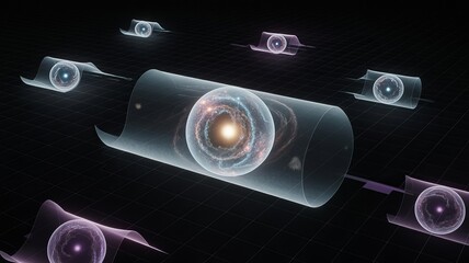 Quantum realm visualization: A dynamic digital artwork of quantum mechanics, portraying an energetic core surrounded by a lattice of interconnecting energies and futuristic technology.