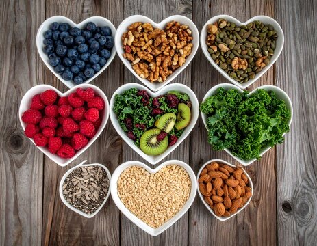 Heart-shaped bowls filled with various healthy foods, arranged on a rustic wooden surface for a vibrant composition