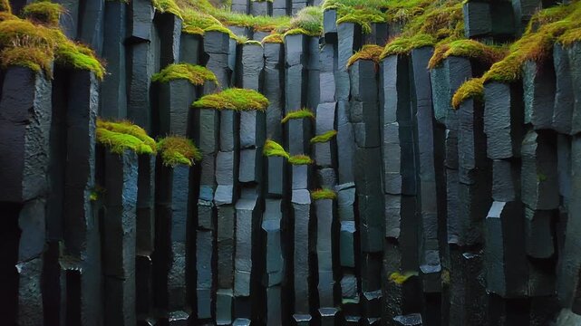 columnar basalt dark stone formations arranged close