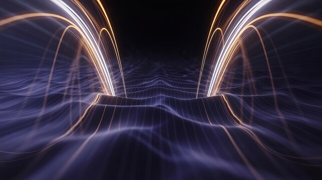 Illuminated Digital Landscape: Abstract view of luminous lines arching and connecting in a futuristic digital environment, evoking a sense of technological advancement and connection.