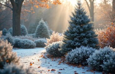 Frost covers garden plants, conifers, and shrubs in soft sunlight. The ground has fallen autumn leaves and a light dusting of snow, indicating early winter arrival. Trees stand bare in background.