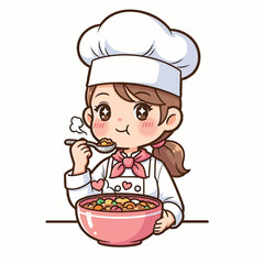 Happy Cartoon Girl Cook with Chef Hat Testing the Dish