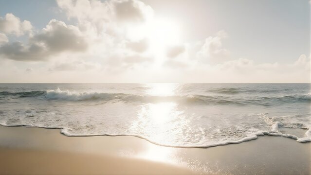 Sunny Tropical Beach with White Sand, Clear Turquoise Ocean, and Fluffy Clouds