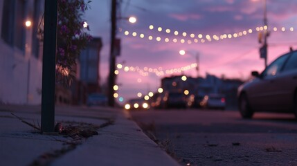 Colorful sunset with street lights and soft glow in the background on a quiet evening