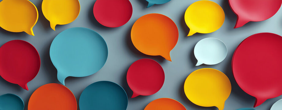 Colorful speech bubbles arranged like thought clouds, implying expressive user engagement in digital forums.