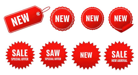 Red new and sale labels stickers isolated on transparent background