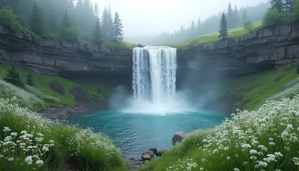 Fototapeta premium Misty forest cascades into vibrant blue pool surrounded by green grass, white wildflowers. Tall pine trees, layered rocks frame scenic, peaceful natural landscape. Waterfalls flow powerfully into