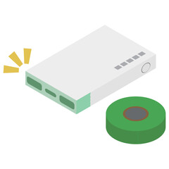 アイソメトリックなモバイルバッテリーの端子部分に絶縁テープが貼られたイメージ素材