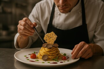 Professional chef plating an elegant pasta dish in a fine dining kitchen, carefully placing a parmesan tuile over tagliolini with truffle slices, basil oil, and beet reduction