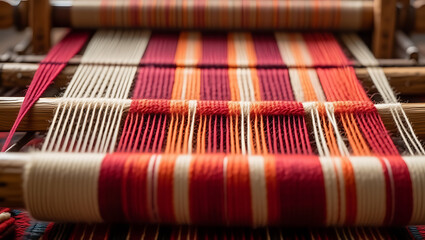 A close-up of a traditional sadu loom, showing the vibrant red and orange threads being woven into a complex pattern.