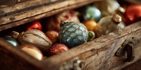 Vintage Christmas Ornaments in Wooden Box