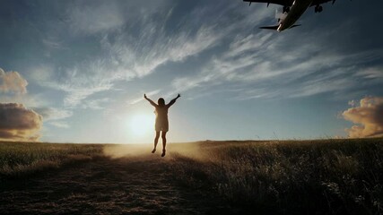 Dramatic silhouette leaps with an airplane overhead at golden hour in an open field, wanderlust energy and freedom themes perfect for travel, aviation, and inspirational campaign edits