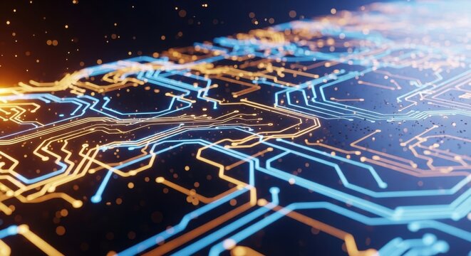Abstract digital circuit board with glowing blue and orange lines