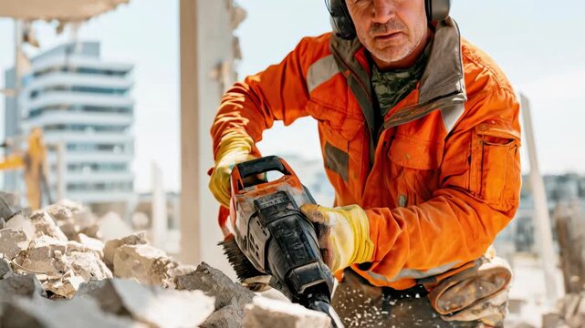 Demolition worker in orange gear swings a heavy tool amid rubble and dust, capturing gritty energy, strength, and real construction action for industry, safety, and infrastructure storytelling