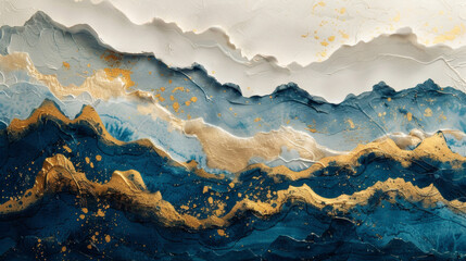 Abstract Japanese Art Background with Gold Leaf and Blue Ink Washi Texture