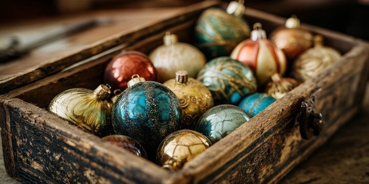 Vintage Christmas Ornaments in Wooden Box