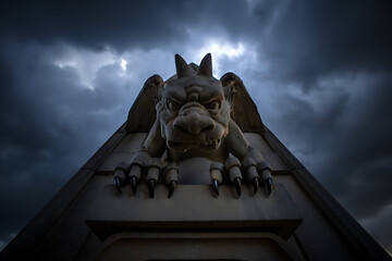 The silhouette of a menacing gargoyle perched on a building against a dark and stormy sky.
