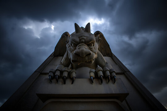 The silhouette of a menacing gargoyle perched on a building against a dark and stormy sky.
