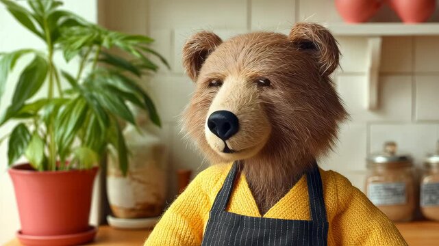 Stuffed bear is sitting on a counter in a kitchen. The bear is wearing a yellow apron and a yellow shirt. The kitchen is well-equipped with various items such as a potted plant, a vase, a bowl