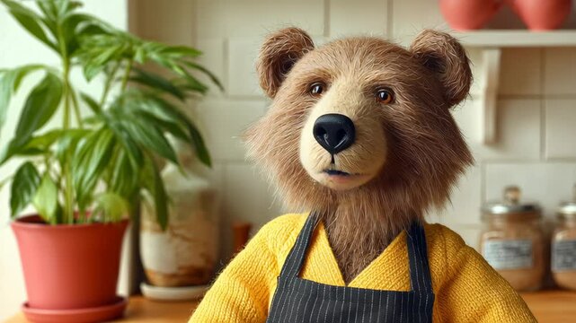 Stuffed bear is sitting on a counter in a kitchen. The bear is wearing a yellow apron and a yellow shirt. The kitchen is well-equipped with various items such as a potted plant, a vase, a bowl