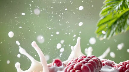 Creamy milk crown wraps juicy raspberries in delicious detail, pristine studio backdrop keeping focus on texture, flavor and mouthwatering appeal for FMCG and culinary projects.