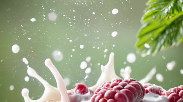 Creamy milk crown wraps juicy raspberries in delicious detail, pristine studio backdrop keeping focus on texture, flavor and mouthwatering appeal for FMCG and culinary projects.