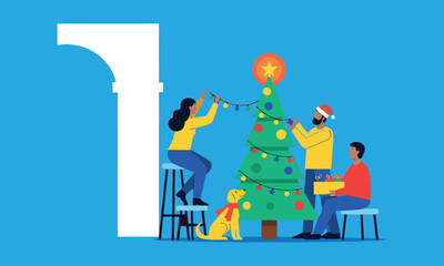 Family Decorating Christmas Tree — Warm Holiday Scene Illustration