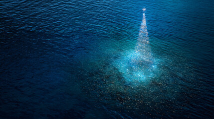 Deep Blue Water Background with Abstract Glowing Christmas Tree