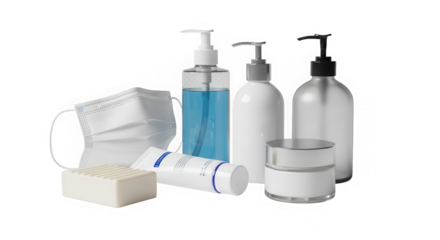 Hygiene and personal care items with face mask isolated on transparent background