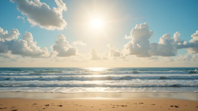 Sunny Tropical Beach with White Sand, Clear Turquoise Ocean, and Fluffy Clouds