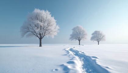 Obraz premium Snow covered ground with bare frosted trees under pale blue sky. A cleared path winds through the white field. Serene winter nature scene, peaceful outdoor cold landscape.