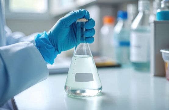 Scientist in blue gloves holds flask with clear liquid in laboratory. Background shows other lab equipment and bottles with fluids. Scientific research and analysis. - Powered by Adobe