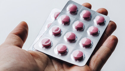 A hand holds two blister packs of round, pink pills against a white background, suggesting medication or healthcare.