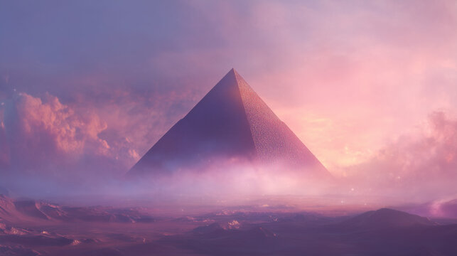 AI-generated image - A surreal pyramid emerging above a glowing desert landscape at sunrise, surrounded by mist and soft atmospheric light.